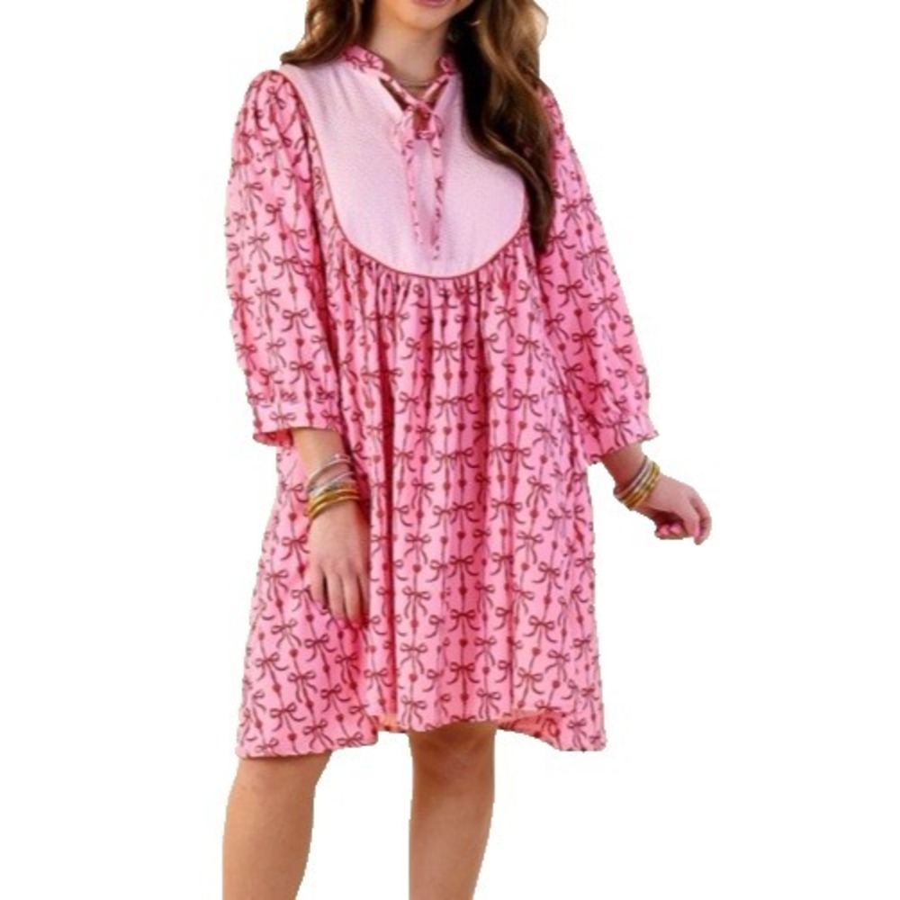 Simply Southern Pink Bow Yoke Babydoll Dress Puff Sleeve Valentine Coquette L - Picture 10 of 13
